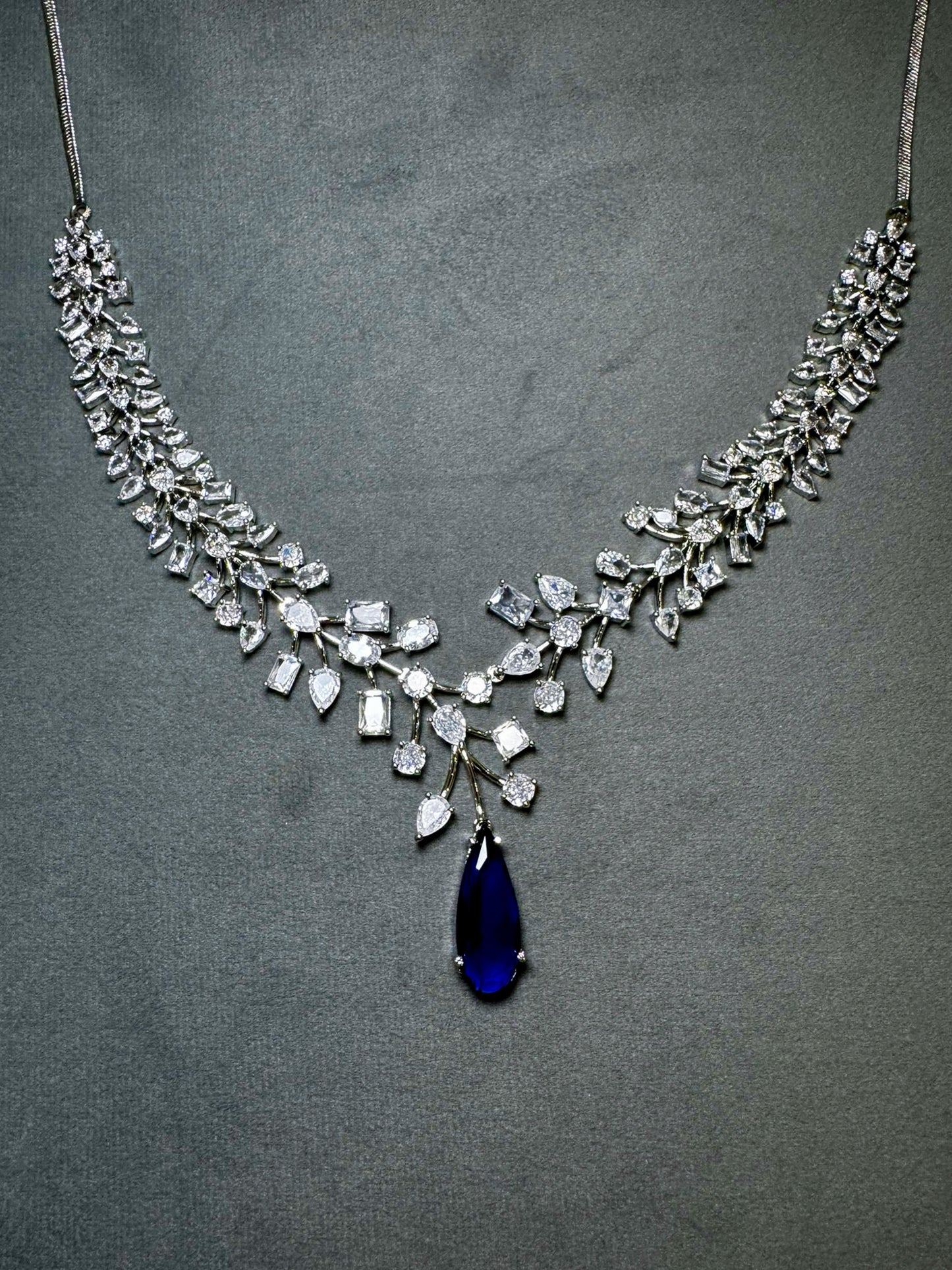 Silver Plated Blue American Diamond Statement Jewellery Set