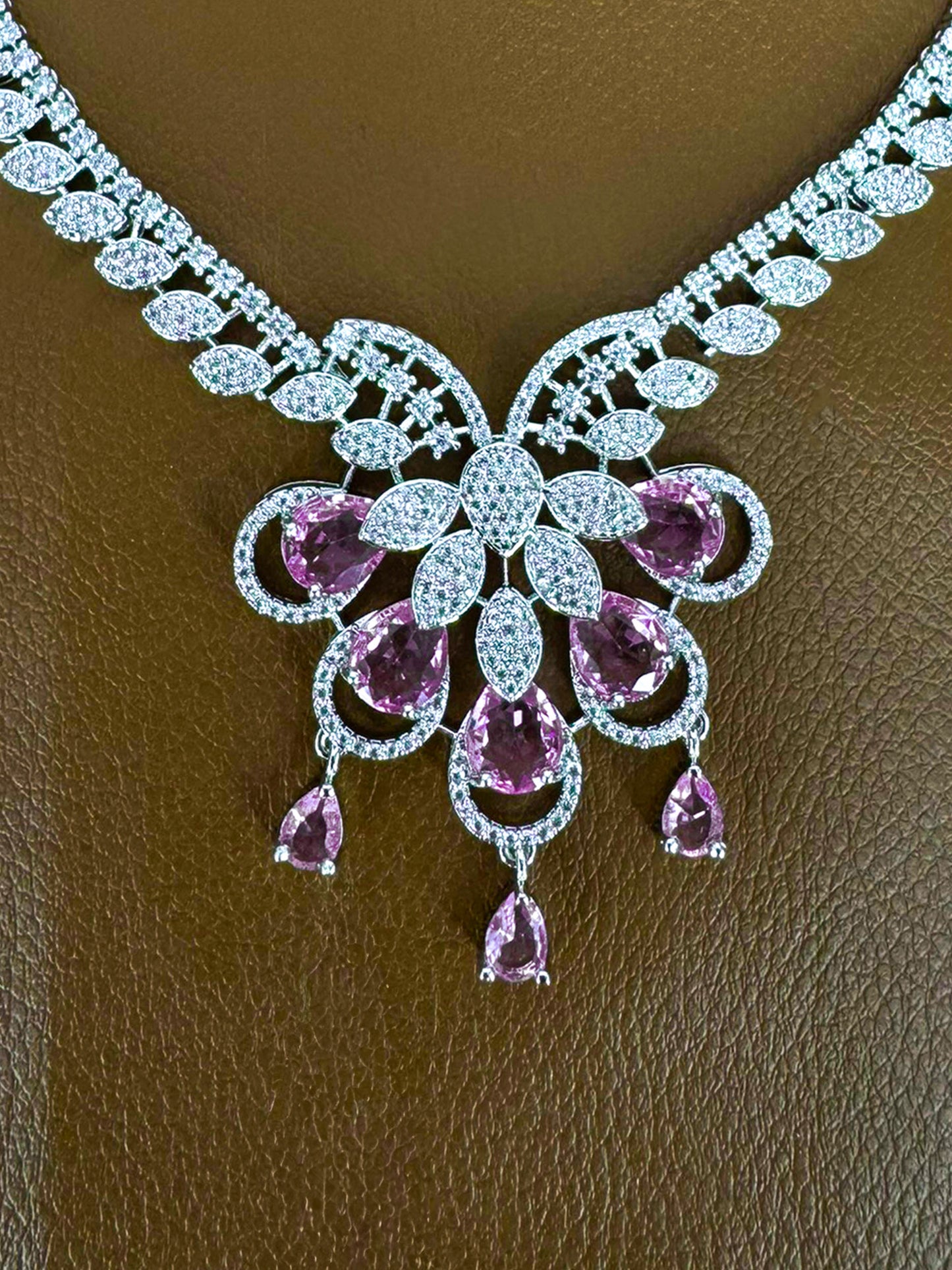 Silver Plated Pink AD Designer Floral Jewellery Set