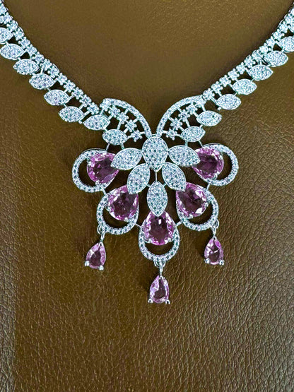 Silver Plated Pink AD Designer Floral Jewellery Set