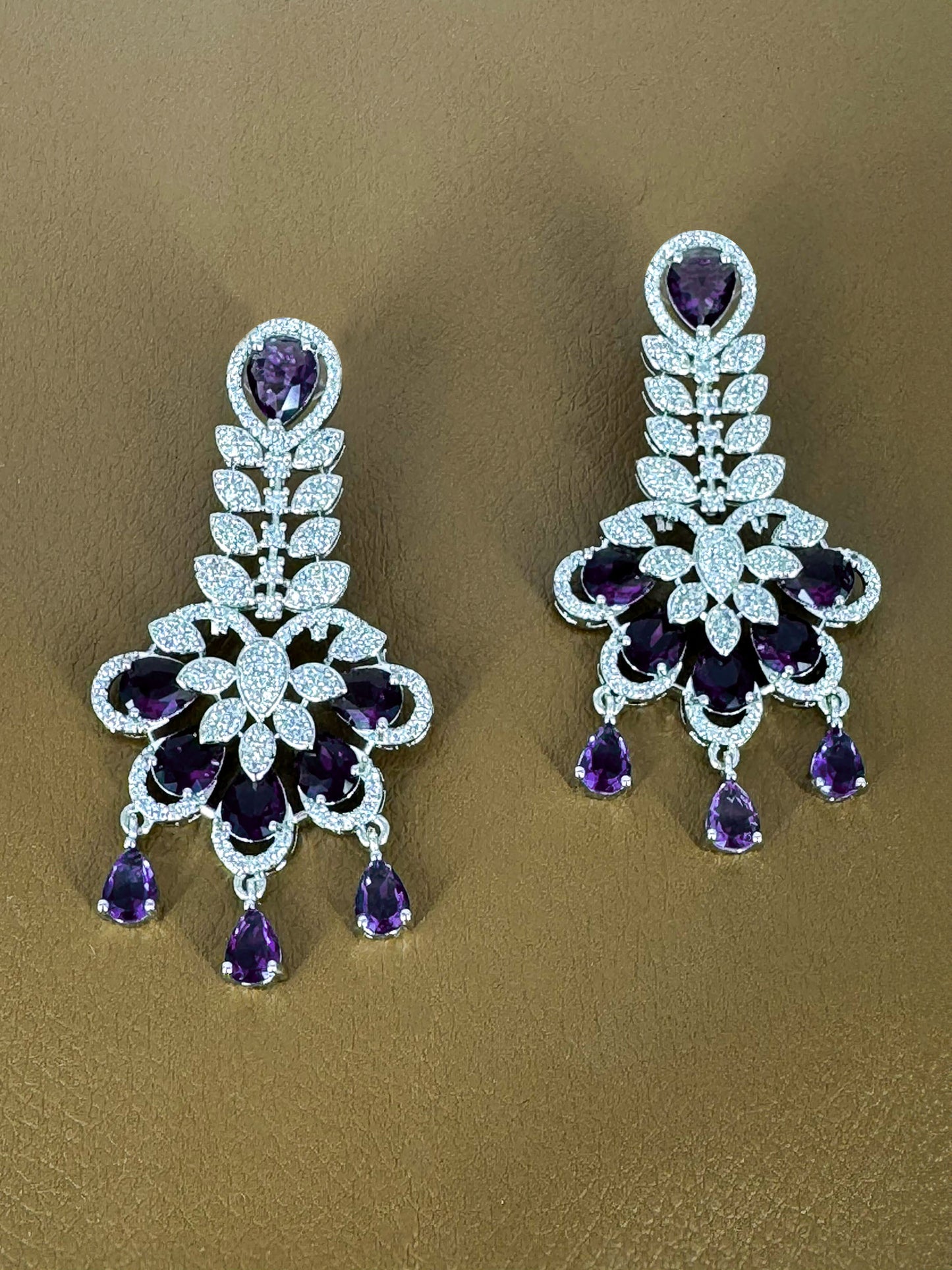 Silver Plated Purple AD Designer Floral Jewellery Set