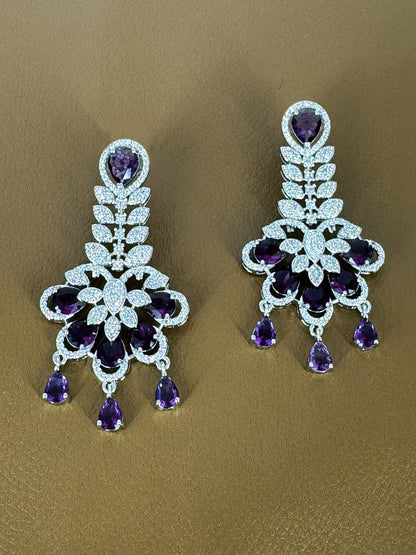 Silver Plated Purple AD Designer Floral Jewellery Set