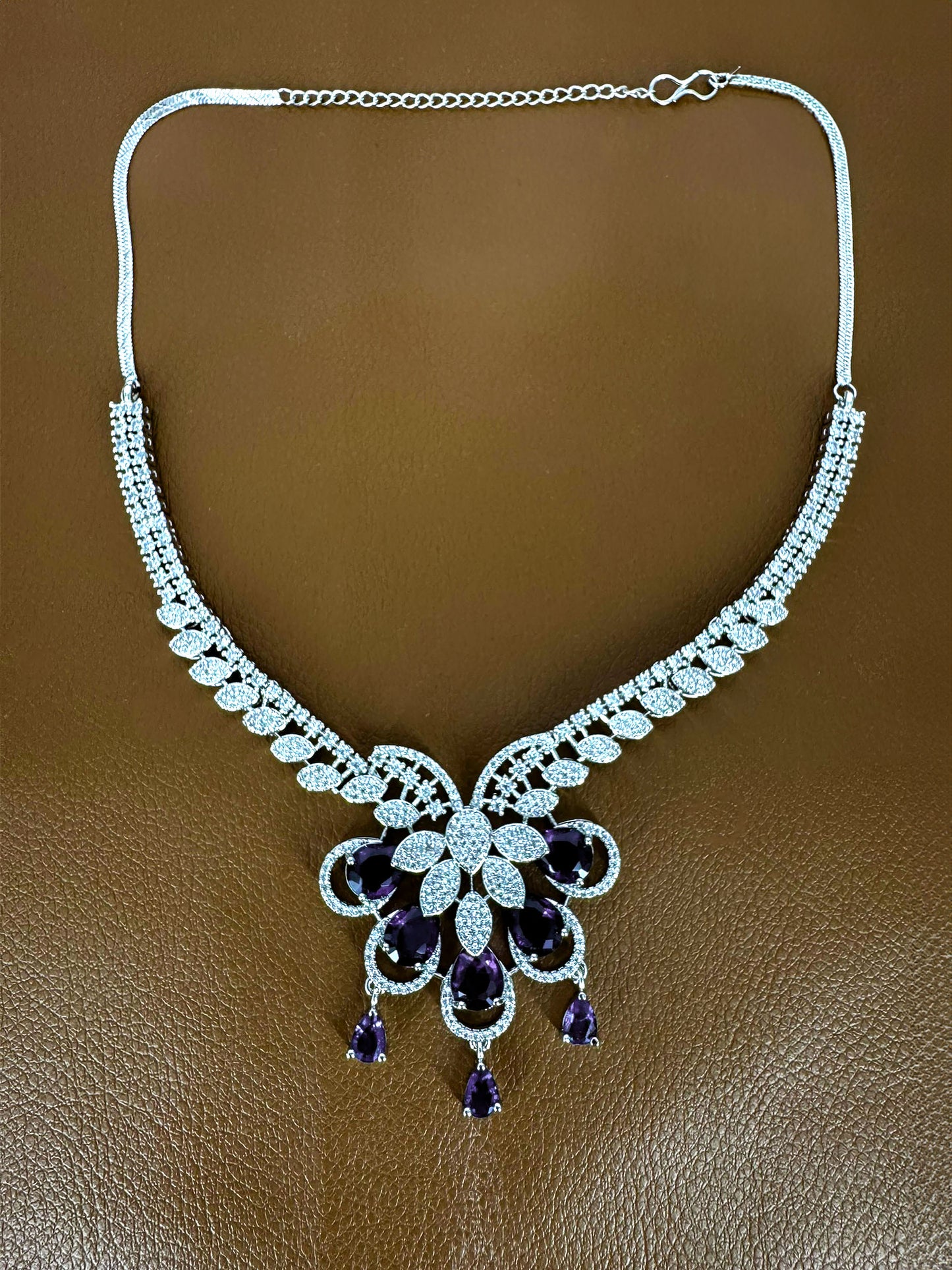 Silver Plated Purple AD Designer Floral Jewellery Set