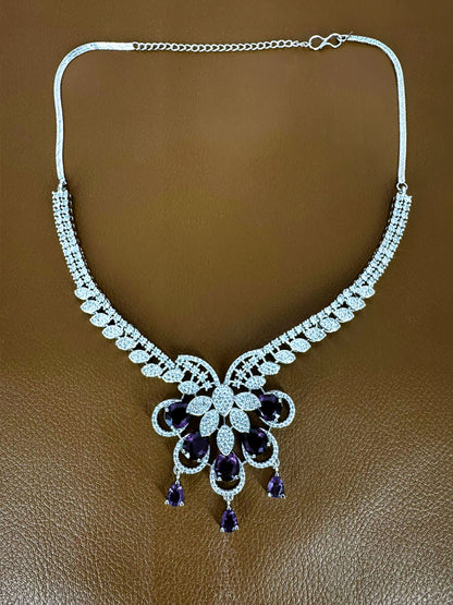 Silver Plated Purple AD Designer Floral Jewellery Set