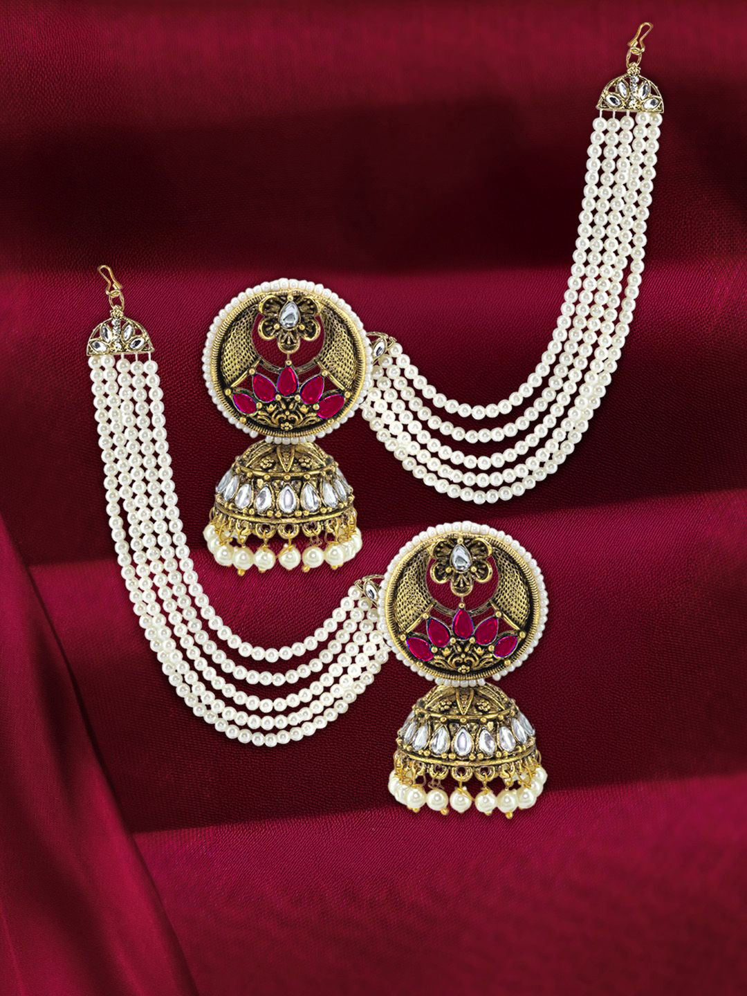 Gold Plated Kundan Studded and Beaded Traditional Jhumka with Ear Chain