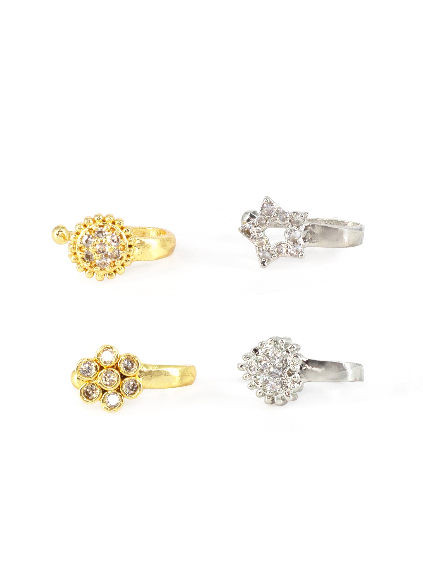 Set of 4 Silver & Gold Plated White AD Press On Nose Pins