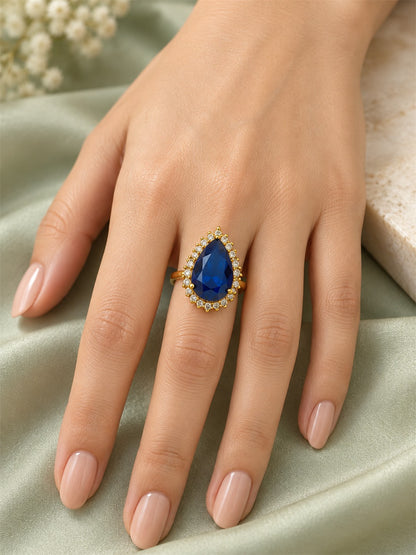 South Indian Gold Plated Blue AD Finger Ring for Women