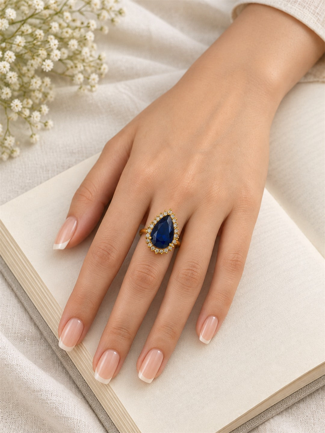 South Indian Gold Plated Blue AD Finger Ring for Women