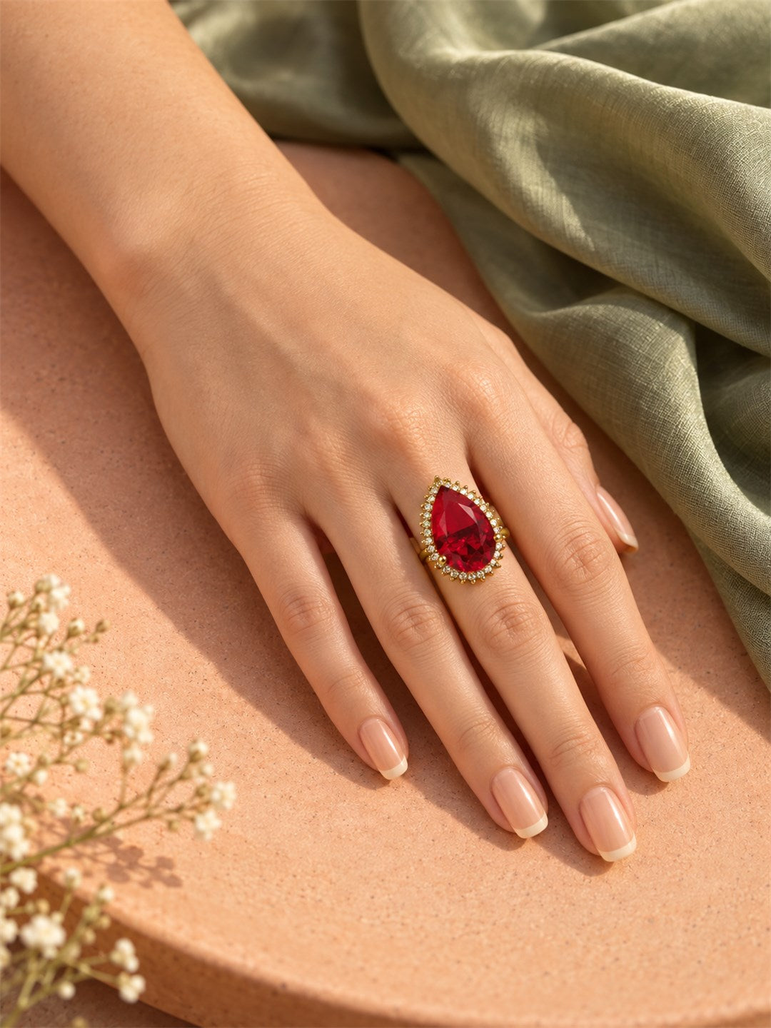 South Indian Gold Plated Red AD Finger Ring for Women
