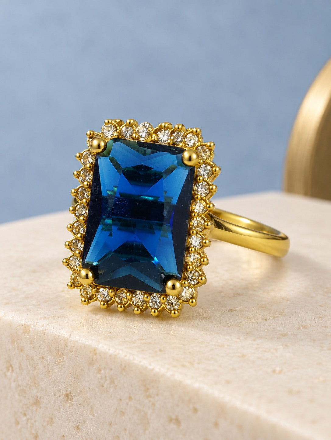 South Indian Gold Plated Blue AD Finger Ring for Women