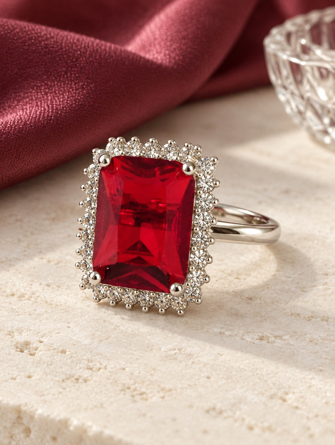 Silver Plated Red AD Finger Ring for Women