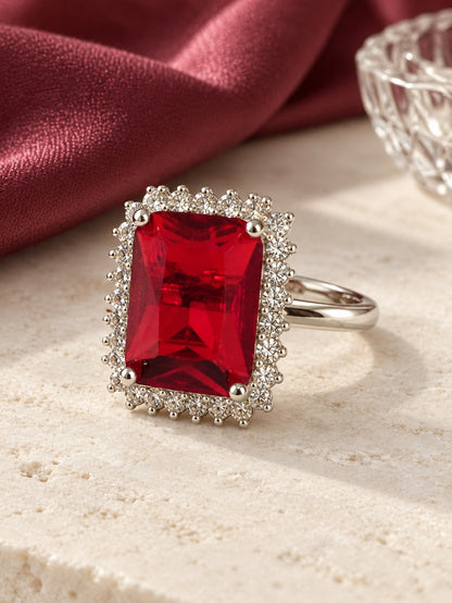Silver Plated Red AD Finger Ring for Women