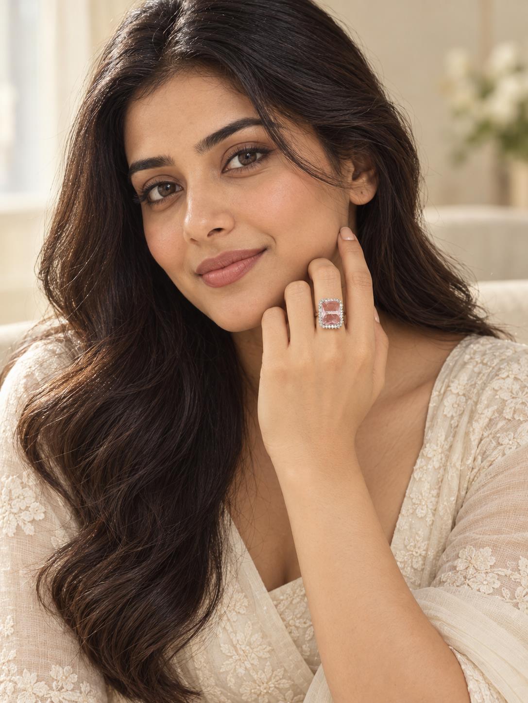 Silver Plated Pink AD Finger Ring for Women