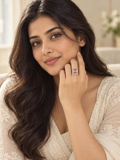 Silver Plated Pink AD Finger Ring for Women