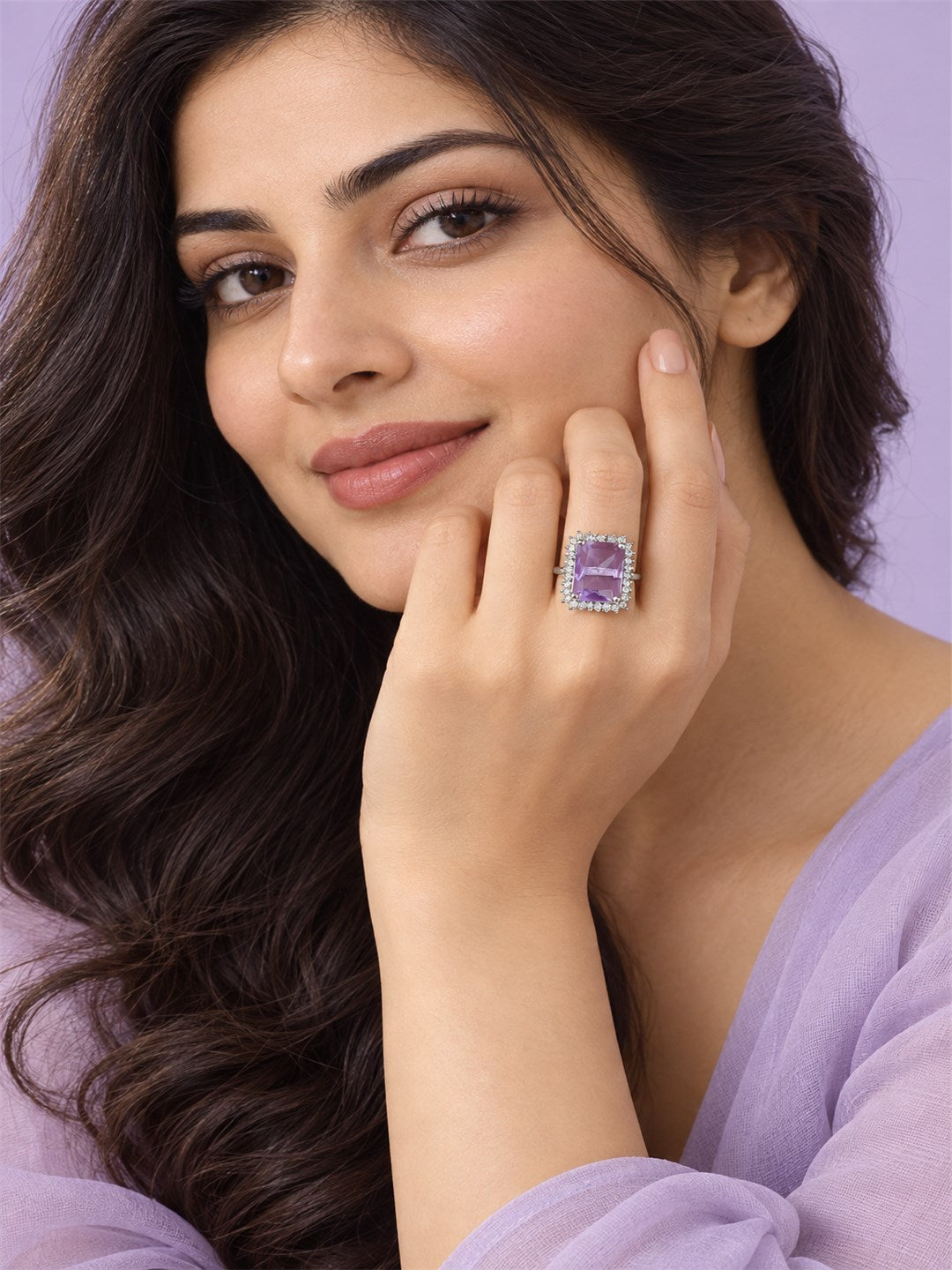 Silver Plated Lavender AD Finger Ring for Women