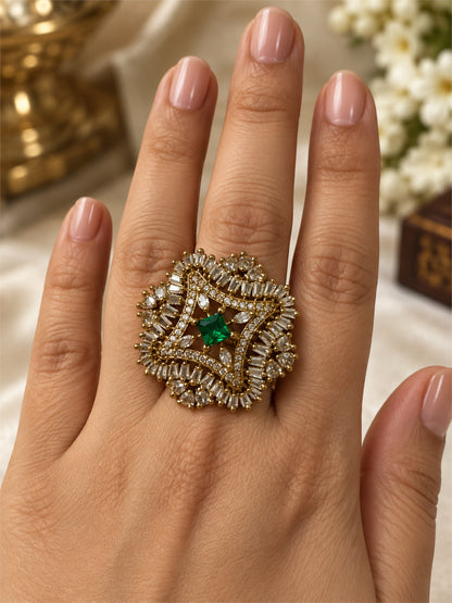Antique Gold Plated Green AD Finger Ring for Women