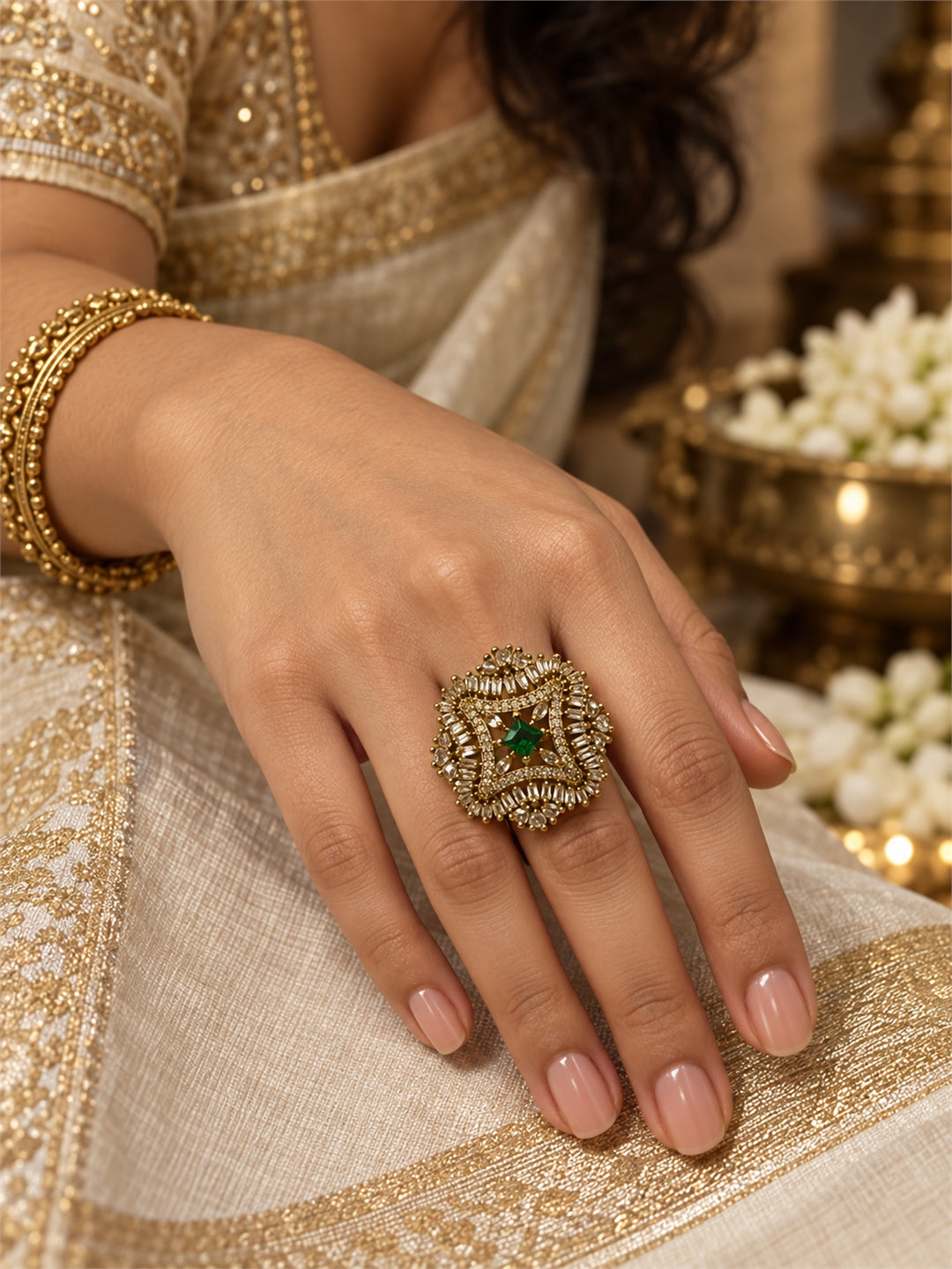 Antique Gold Plated Green AD Finger Ring for Women