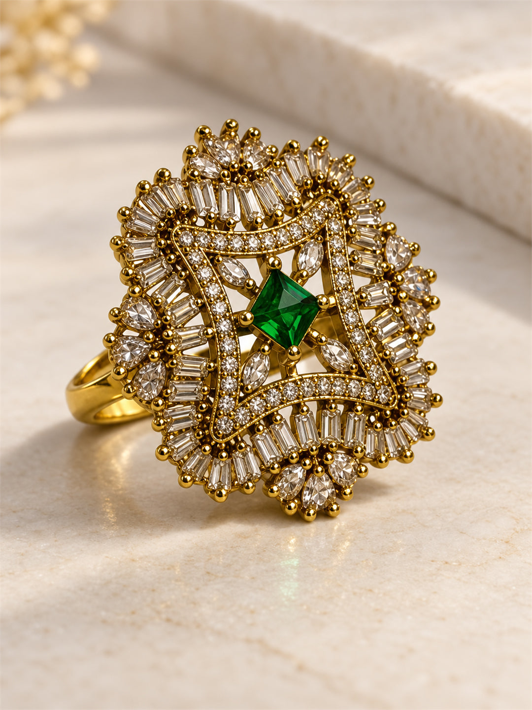Antique Gold Plated Green AD Finger Ring for Women