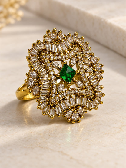 Antique Gold Plated Green AD Finger Ring for Women