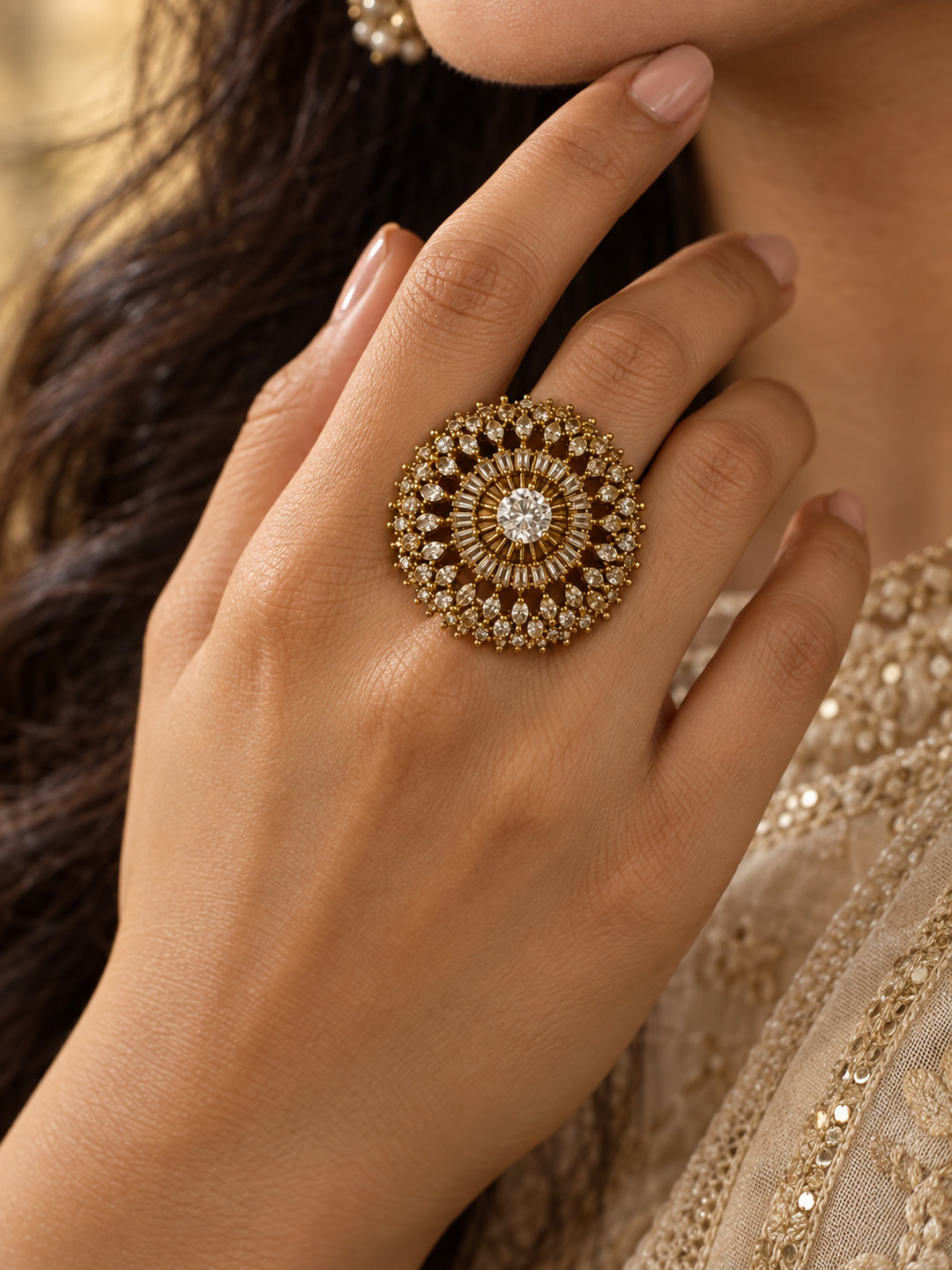 Antique Gold Plated AD Finger Ring for Women