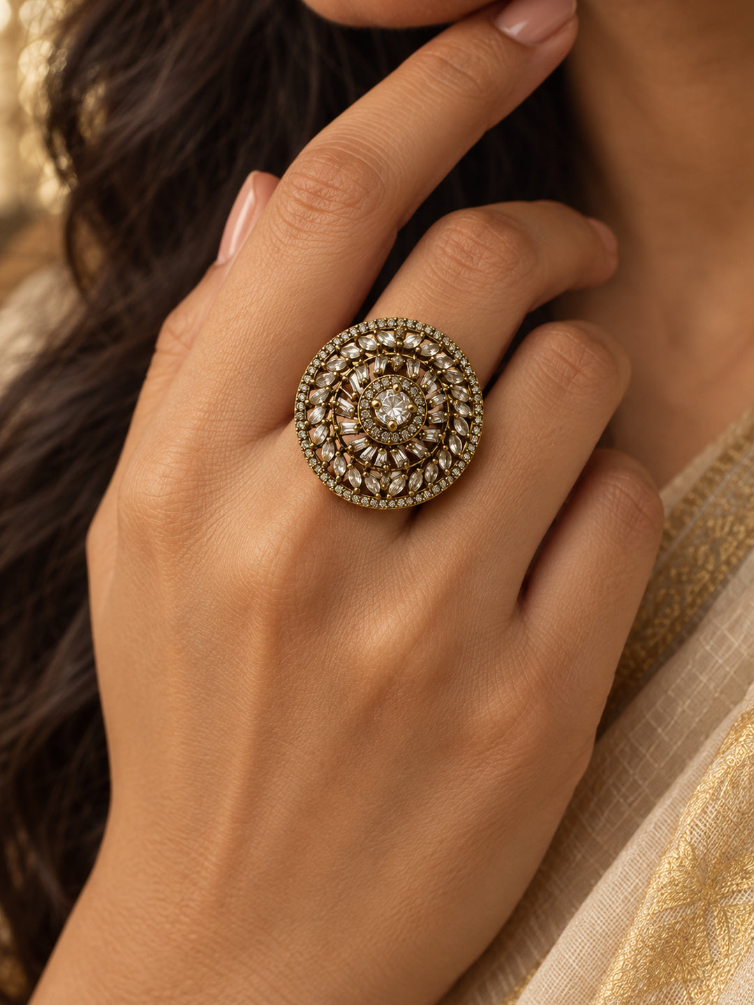 Antique Gold Plated AD Finger Ring for Women