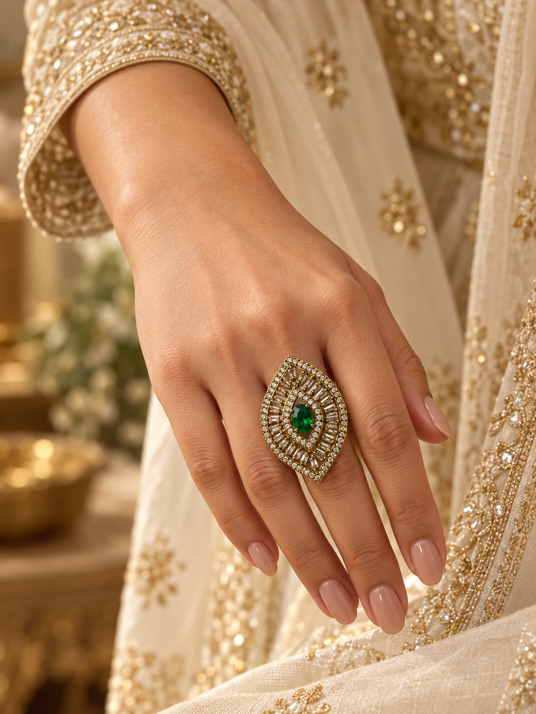Antique Gold Plated Green AD Finger Ring for Women