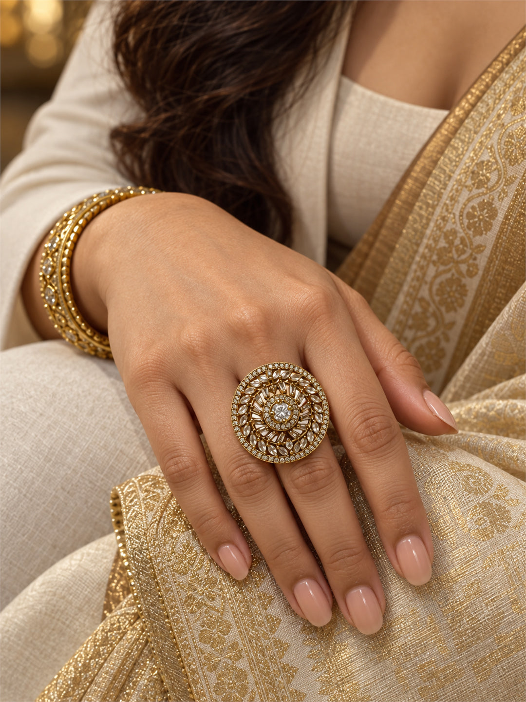 Antique Gold Plated AD Finger Ring for Women
