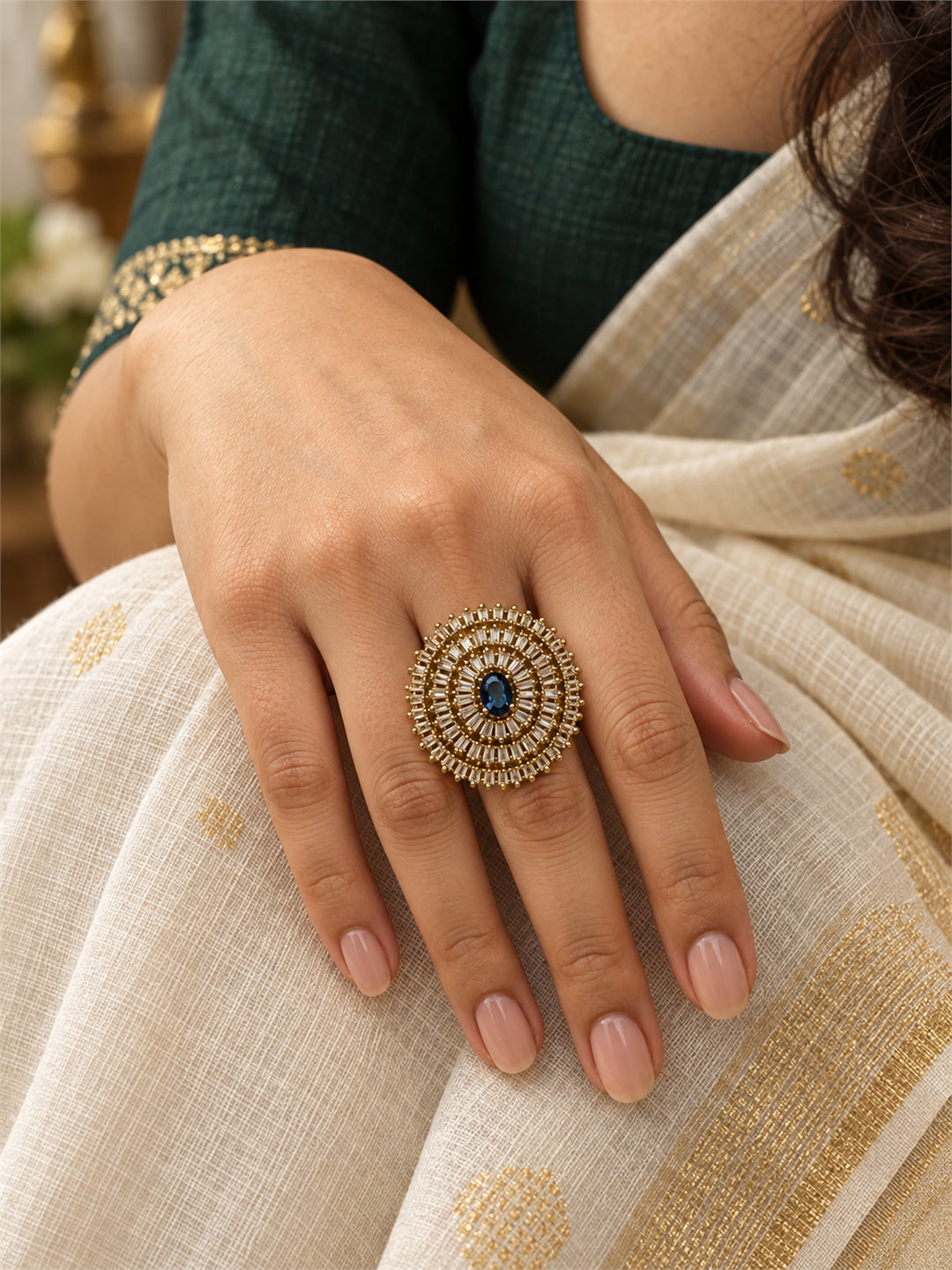 Antique Gold Plated Blue AD Finger Ring for Women