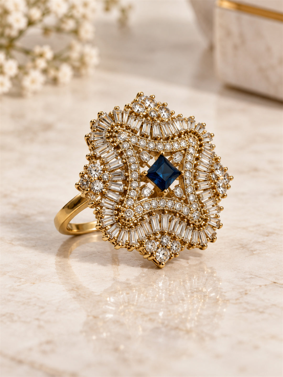 Antique Gold Plated Blue AD Finger Ring for Women