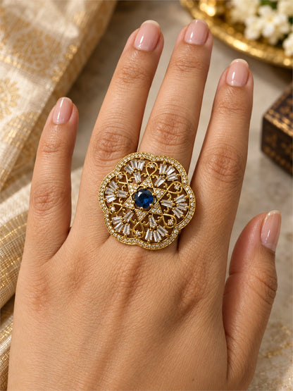 Antique Gold Plated Blue AD Finger Ring for Women