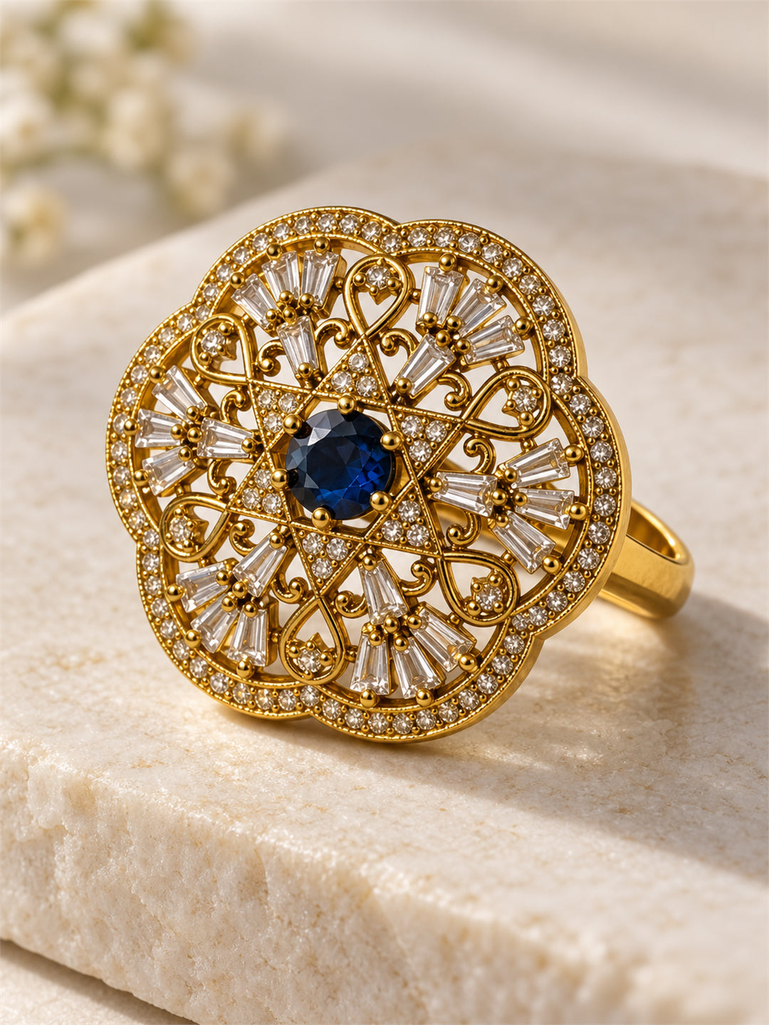 Antique Gold Plated Blue AD Finger Ring for Women