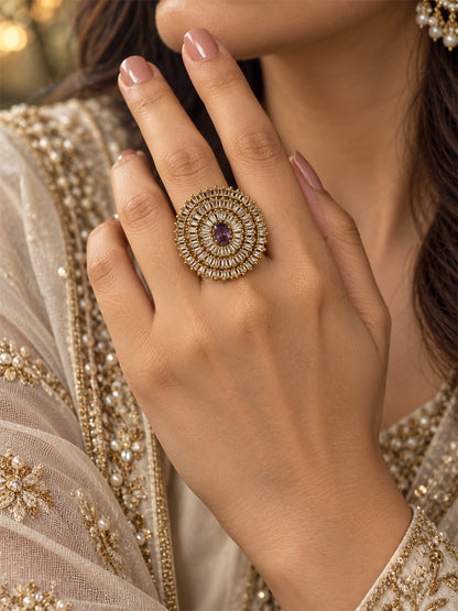 Antique Gold Plated Purple AD Finger Ring for Women