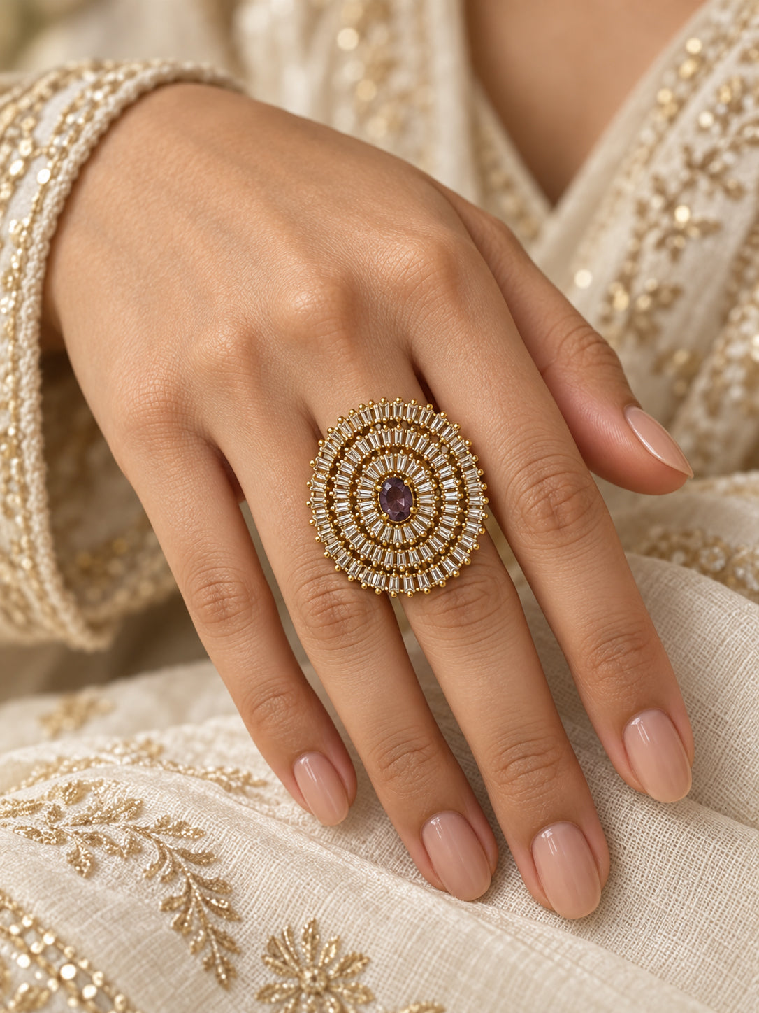 Antique Gold Plated Purple AD Finger Ring for Women