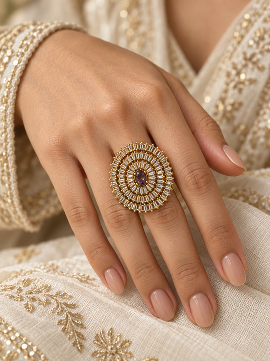 Antique Gold Plated Purple AD Finger Ring for Women