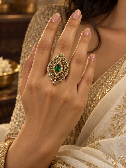 Antique Gold Plated Green AD Finger Ring for Women