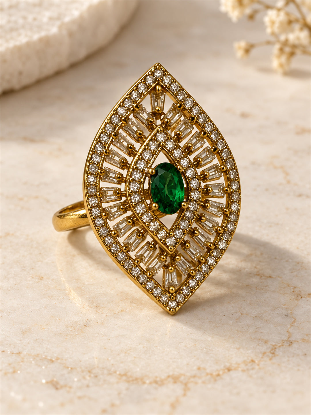 Antique Gold Plated Green AD Finger Ring for Women