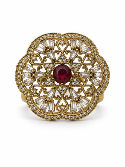Antique Gold Plated Red AD Finger Ring for Women