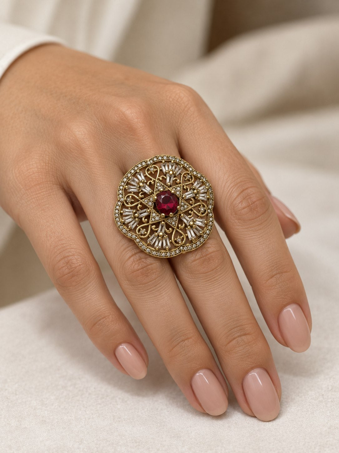 Antique Gold Plated Red AD Finger Ring for Women
