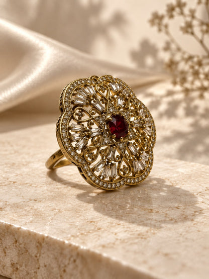 Antique Gold Plated Red AD Finger Ring for Women
