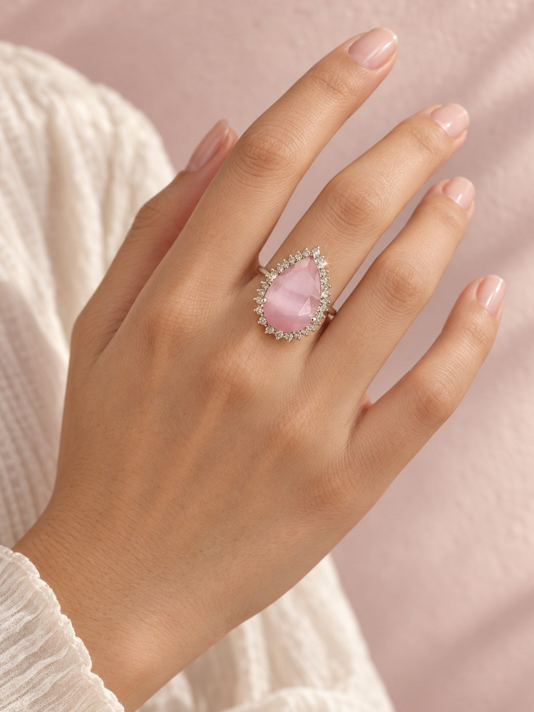 Silver Plated Pink AD Finger Ring for Women