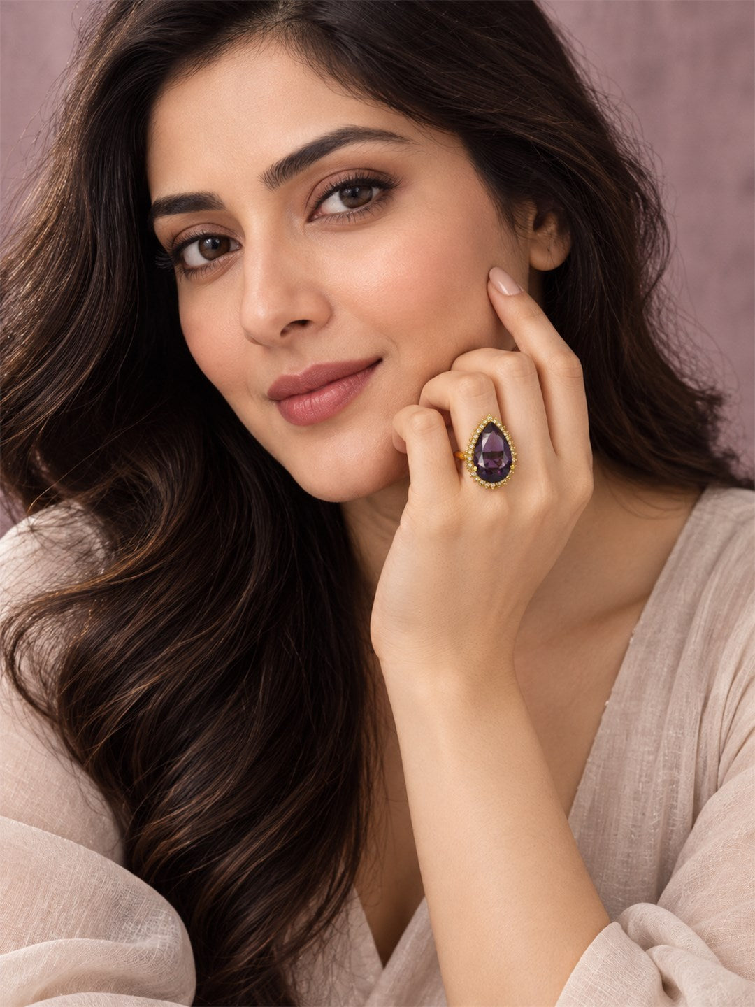 South Indian Gold Plated Purple AD Finger Ring for Women
