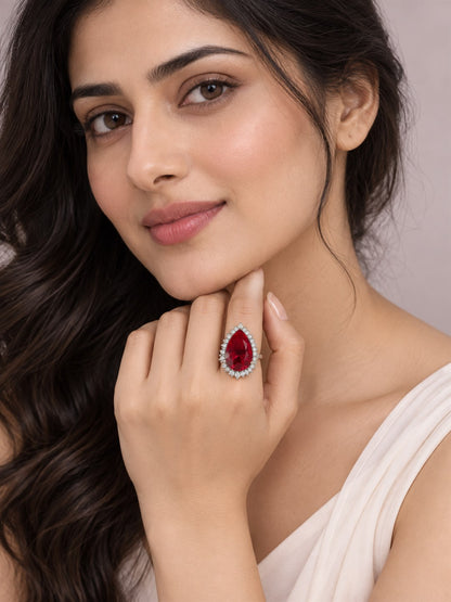 Silver Plated Red AD Finger Ring for Women