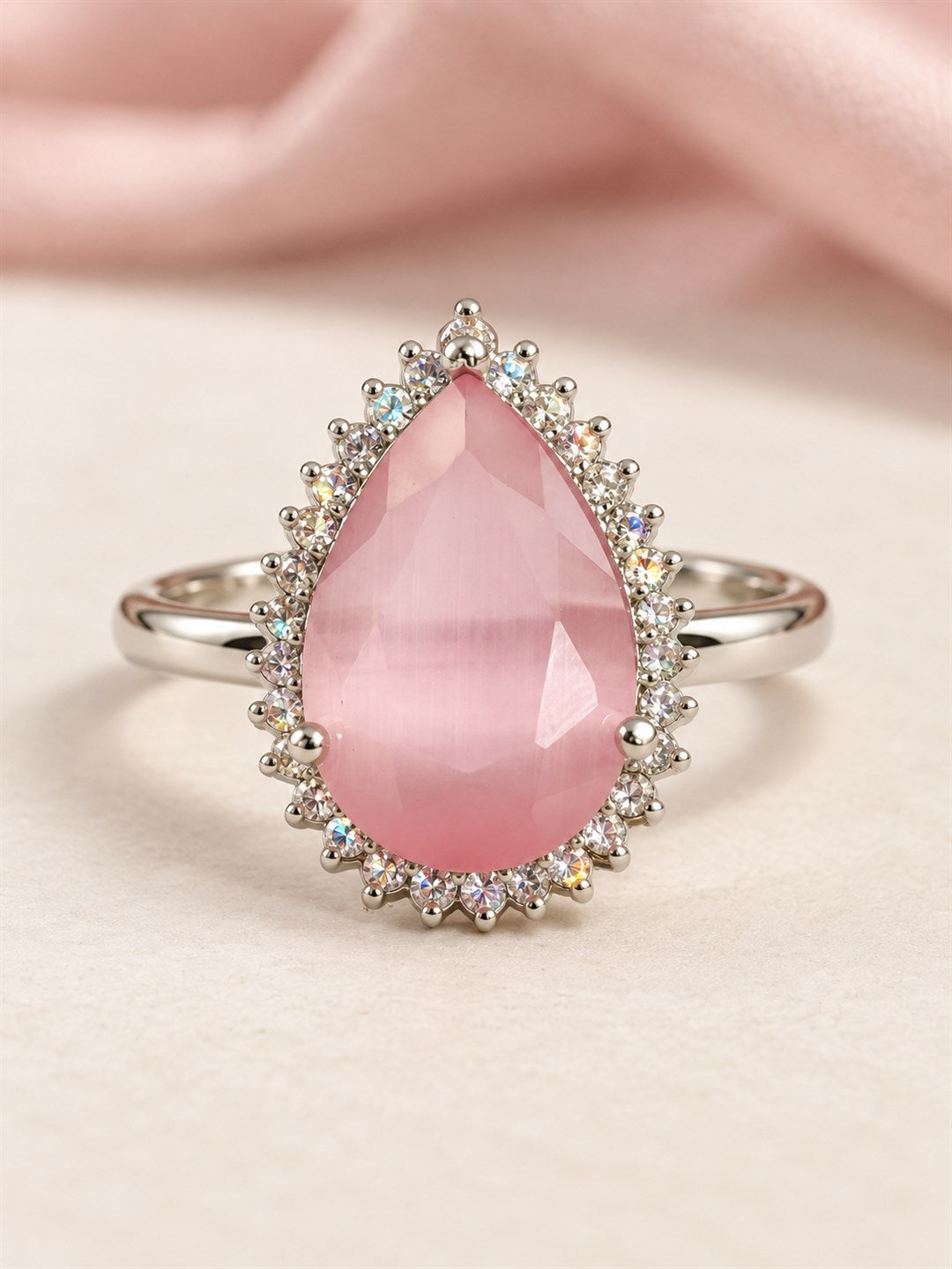 Silver Plated Pink AD Finger Ring for Women
