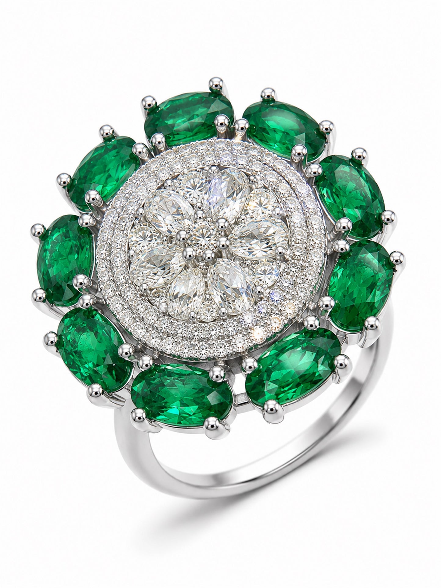 Rhodium Plated Green AD Floral Finger Ring for Women