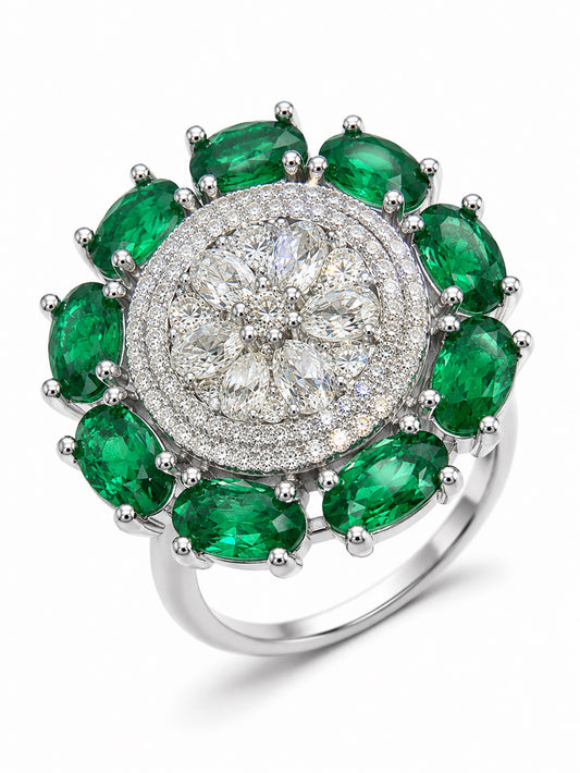 Rhodium Plated Green AD Floral Finger Ring for Women