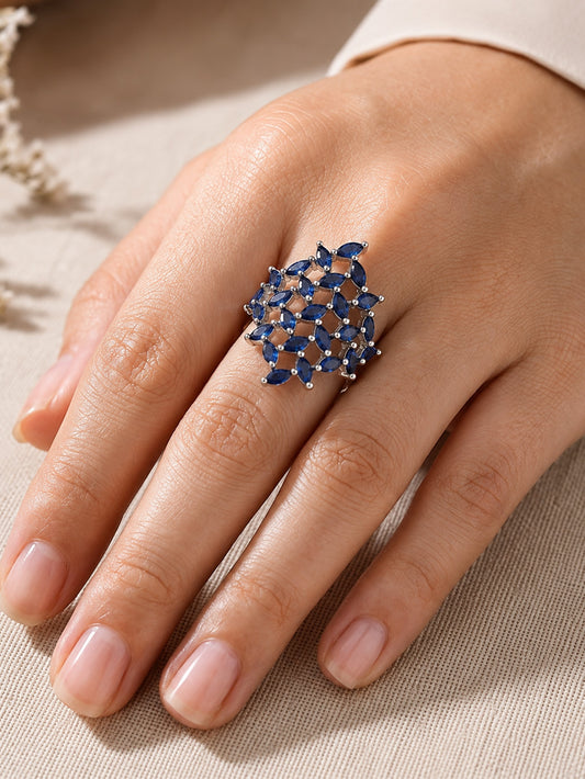 Rhodium Plated Blue AD Finger Ring for Women