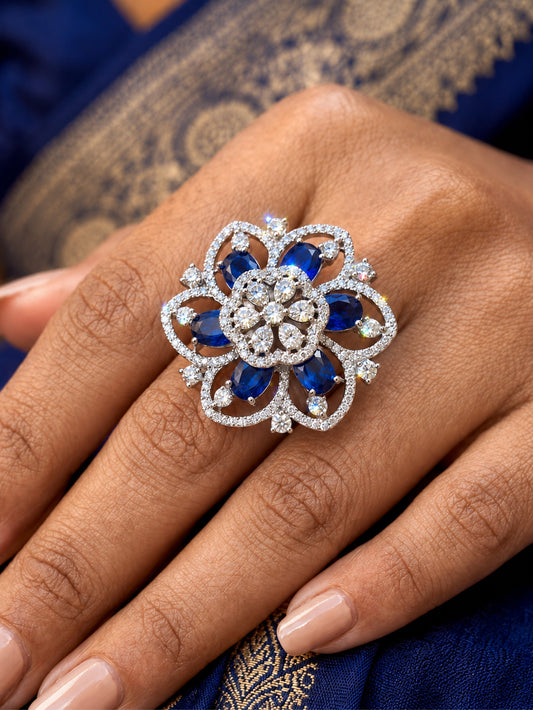 Silver Plated Blue AD Finger Ring for Women