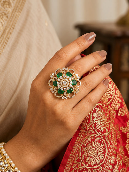 Antique Gold Plated Green AD Finger Ring for Women
