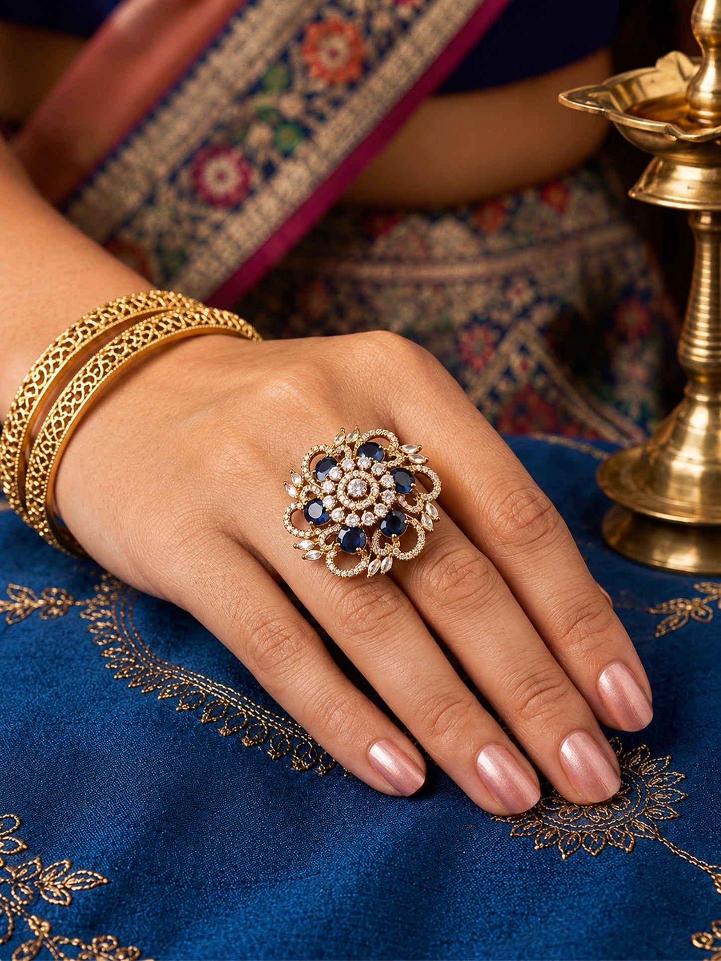 Antique Gold Plated Blue AD Finger Ring for Women