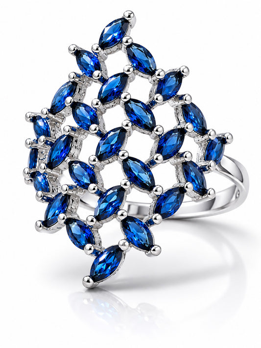 Rhodium Plated Blue AD Finger Ring for Women