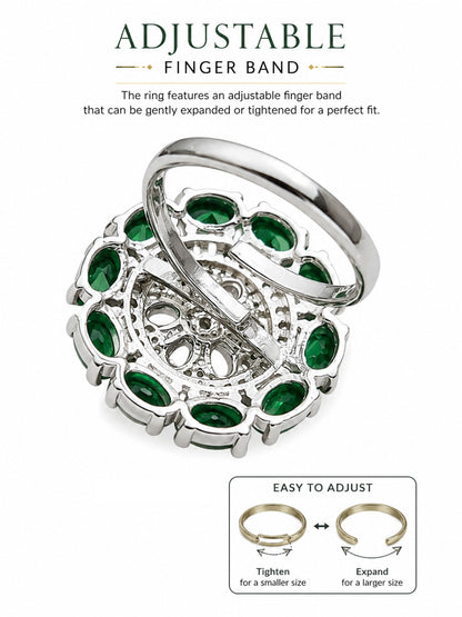 Rhodium Plated Green AD Floral Finger Ring for Women